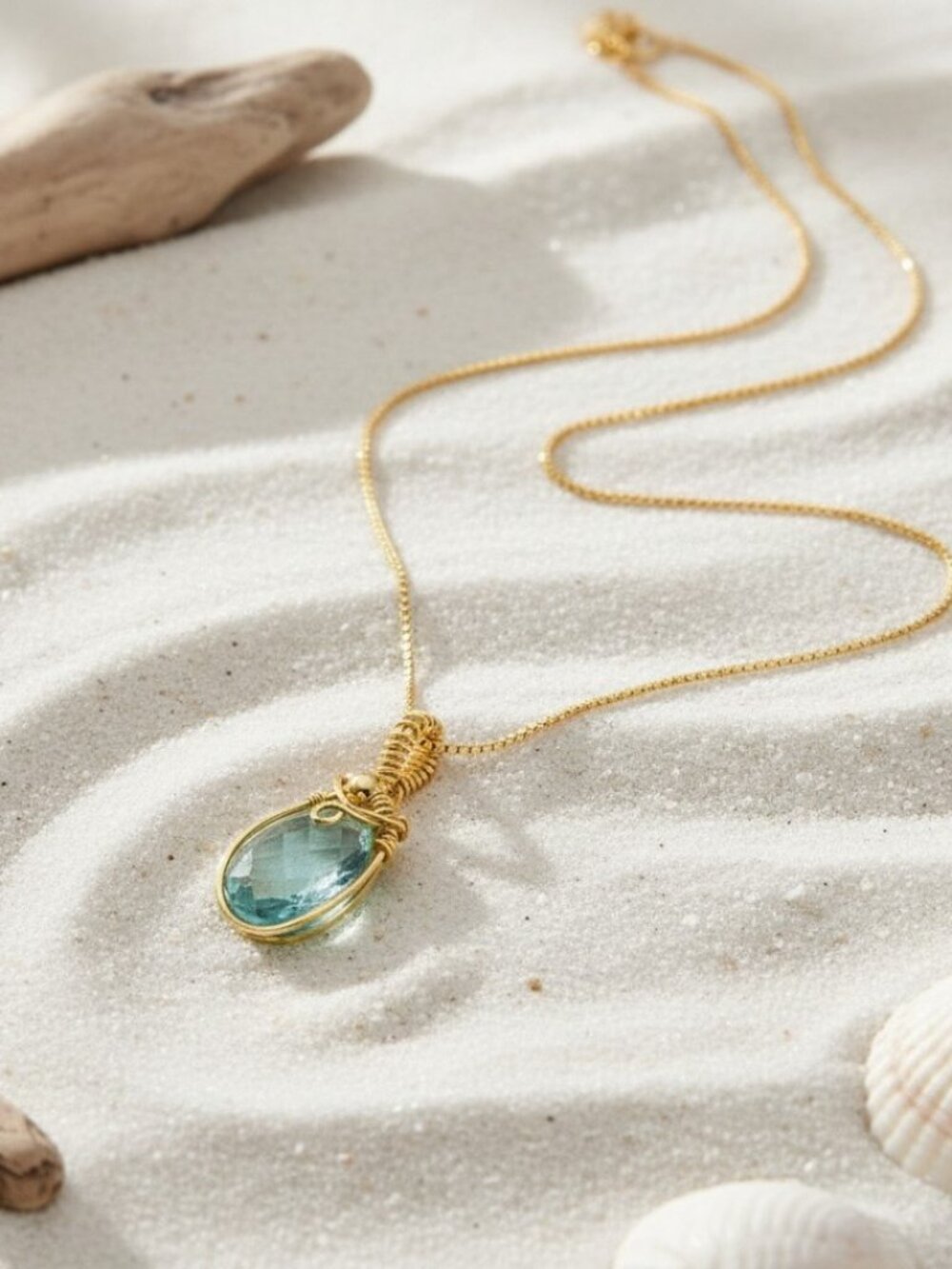 Lab Aquamarine Necklace in 14k Gold Filled, Wire Wrapped March Birthstone